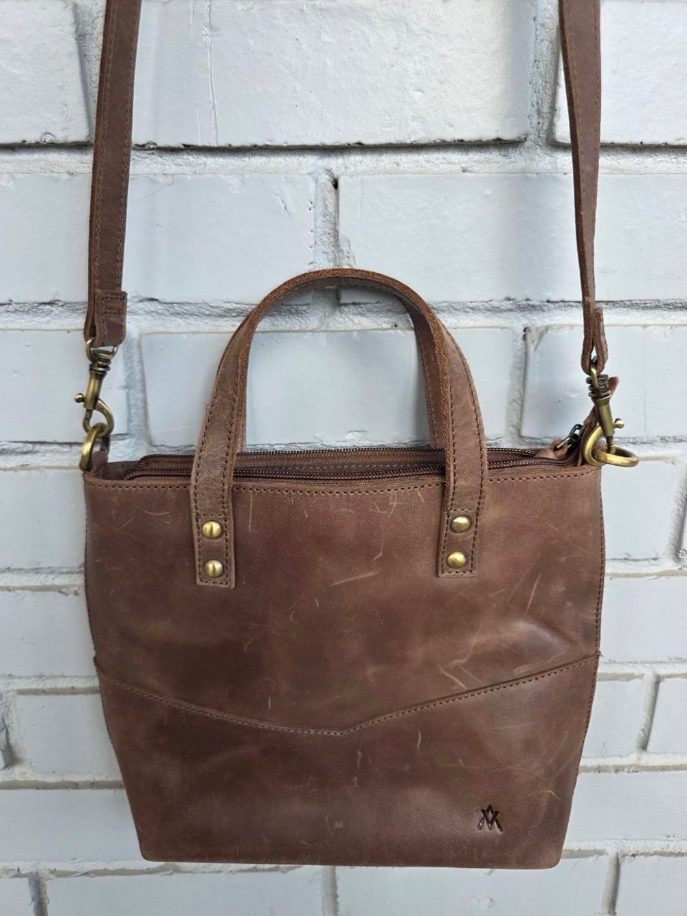 Elevate Leather Mini Tote Bag Brown Crossbody Satchel Distressed Rustic Style